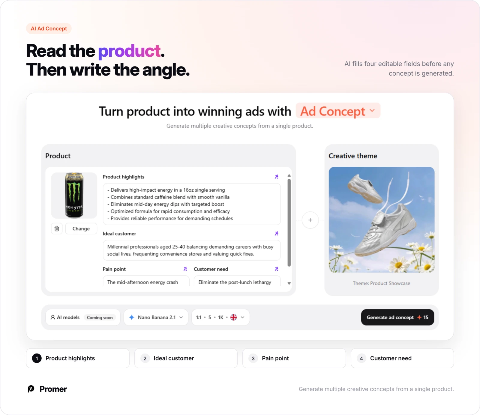 Promer AI Ad Concept analyzing an energy drink into highlights, ideal customer, pain point and need