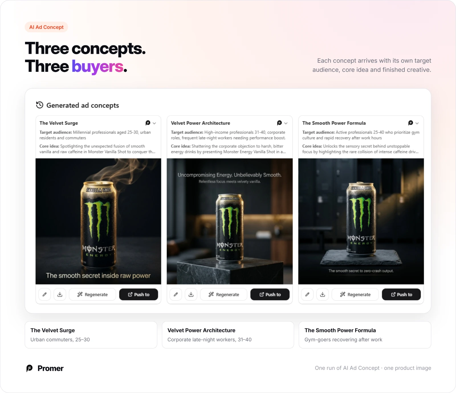 Three AI Ad Concept results for one energy drink, each with its own target audience and core idea