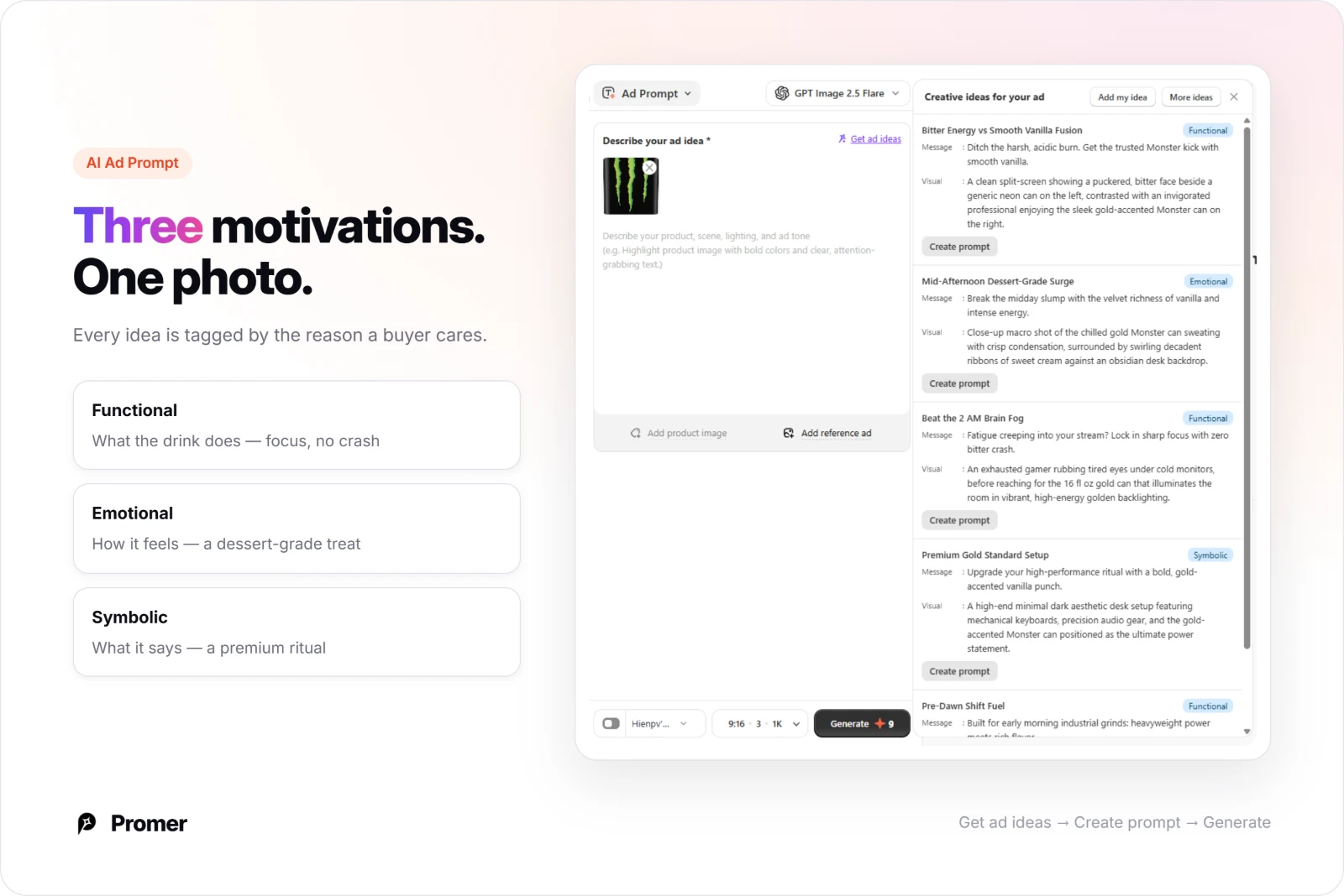 Promer AI Ad Prompt ideas for an energy drink tagged functional, emotional and symbolic