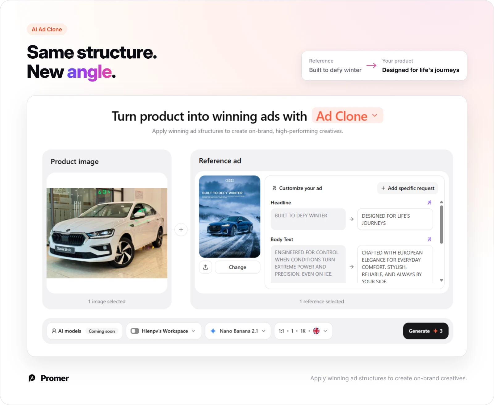 Promer AI Ad Clone rewriting a reference ad's headline and body text for a new product