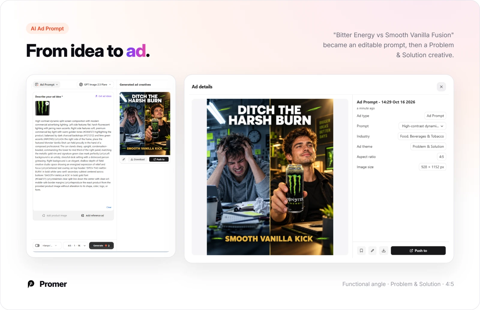 An AI Ad Prompt idea turned into a detailed prompt and a split-screen energy drink ad