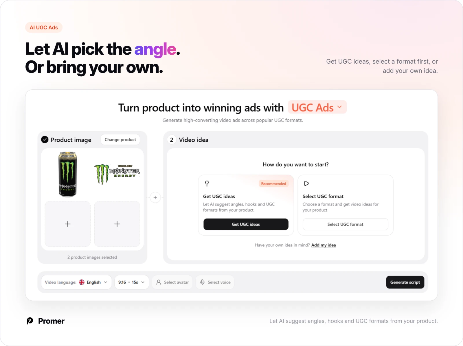 Promer AI UGC Ads start screen: get UGC ideas or select a UGC format