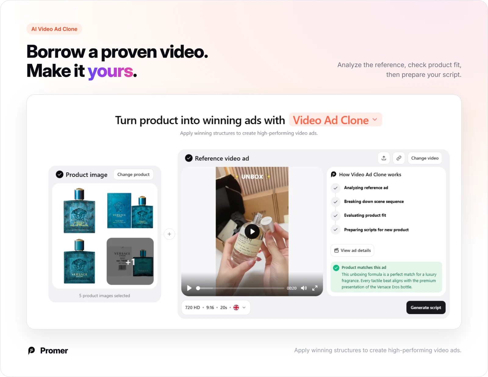 Promer AI Video Ad Clone analyzing a perfume unboxing video and checking product fit