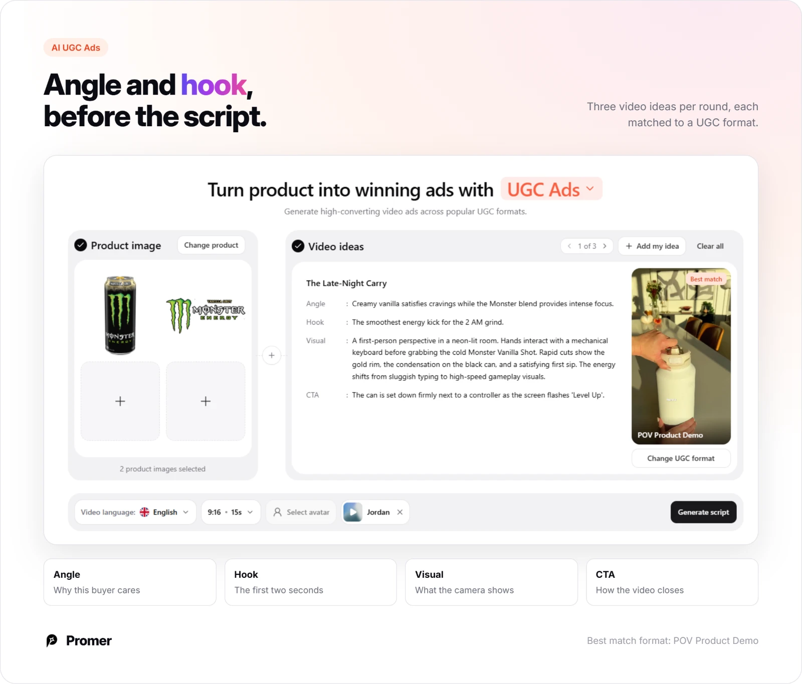 Promer AI UGC Ads video idea for an energy drink with angle, hook, visual and CTA