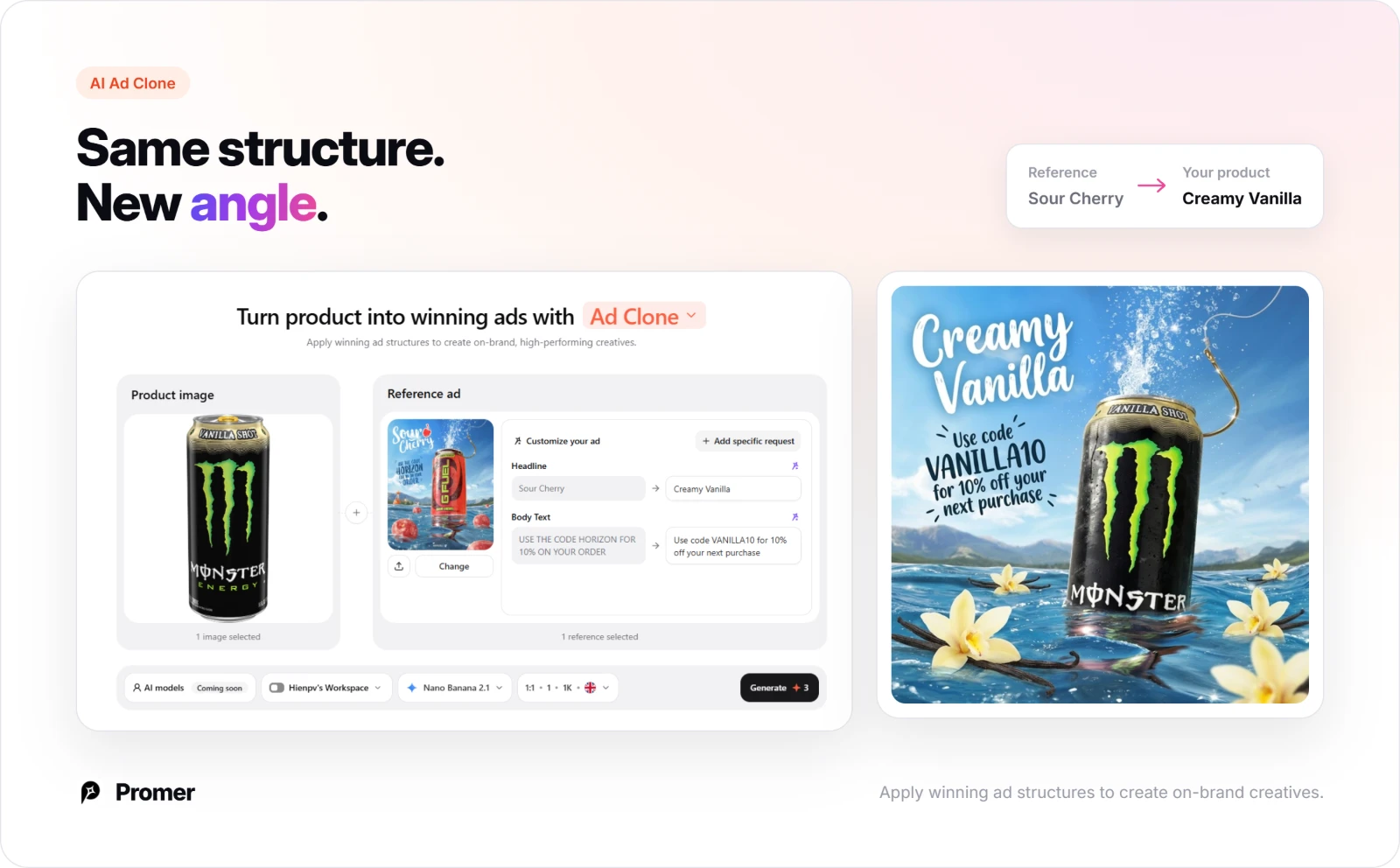 Promer AI Ad Clone rewriting a beverage reference ad's headline and body for a new energy drink, with the generated result