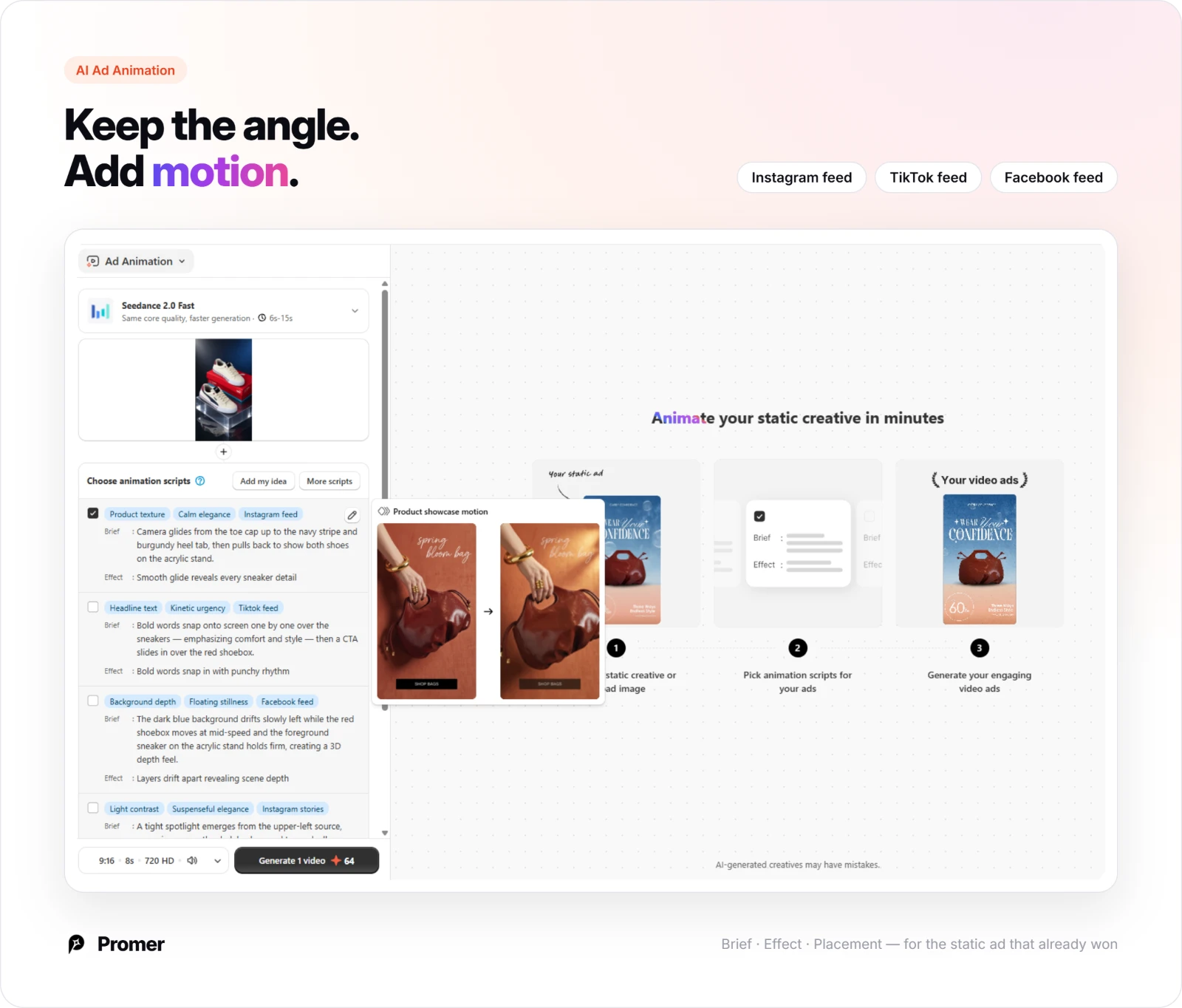 Promer AI Ad Animation script options with motion, mood and placement tags