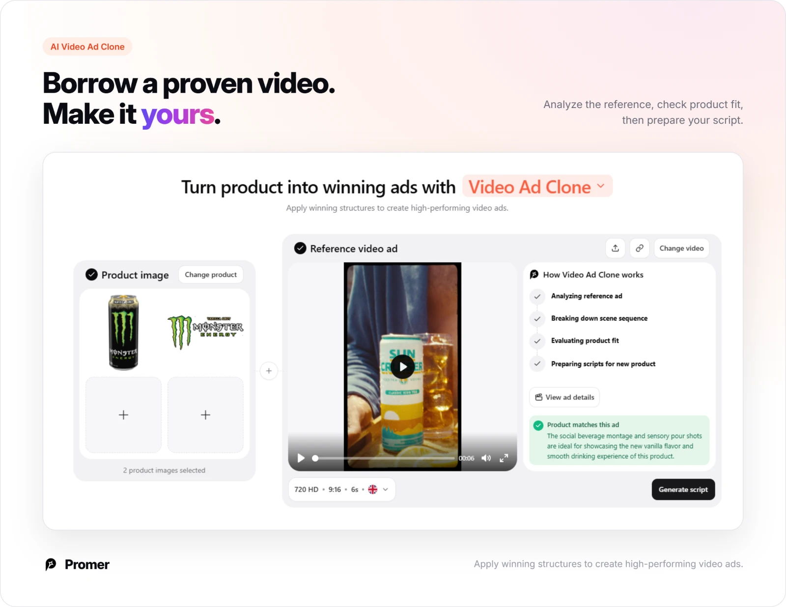 Promer AI Video Ad Clone analyzing a beverage reference video and checking product fit