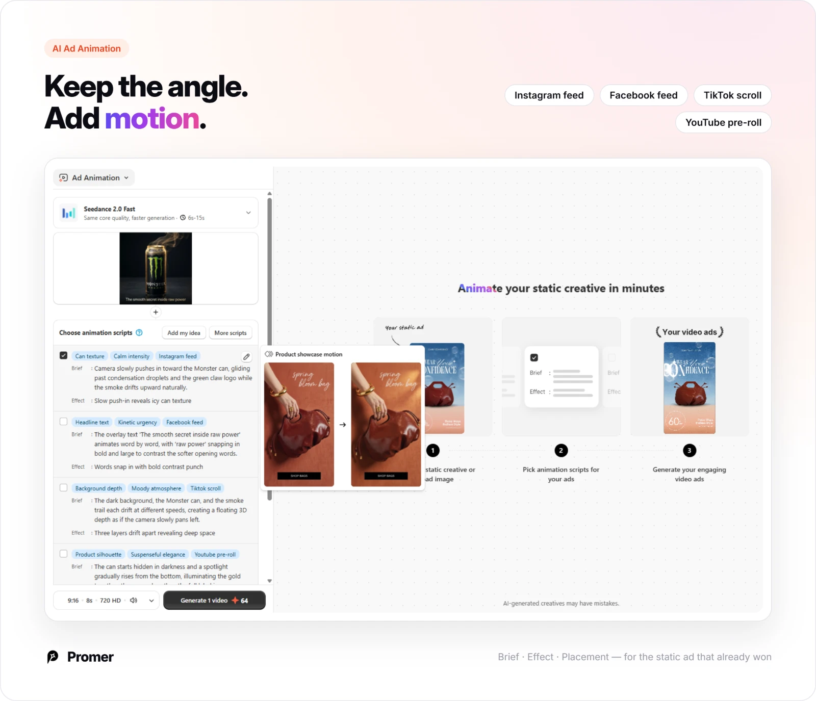Promer AI Ad Animation script options for an energy drink static ad with motion, mood and placement tags