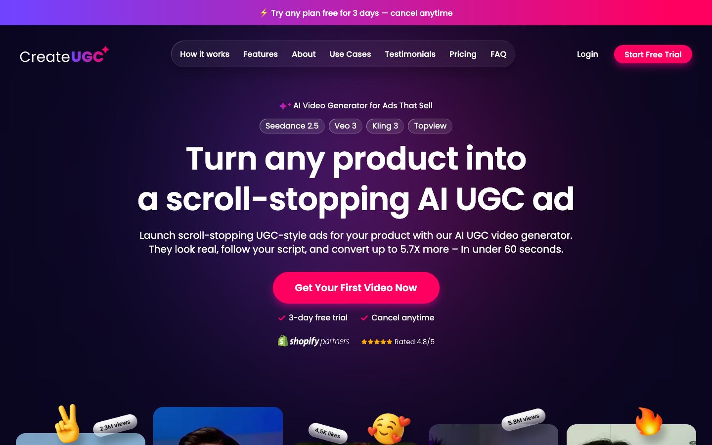 CreateUGC homepage hero with the headline Turn any product into a scroll-stopping AI UGC ad