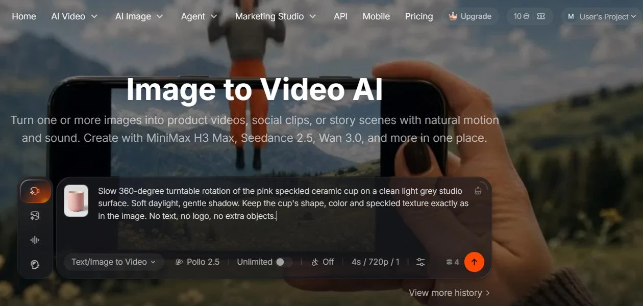 Pollo AI image to video composer with a pink cup photo, Pollo 2.5 selected, sound off and a 4 credit cost