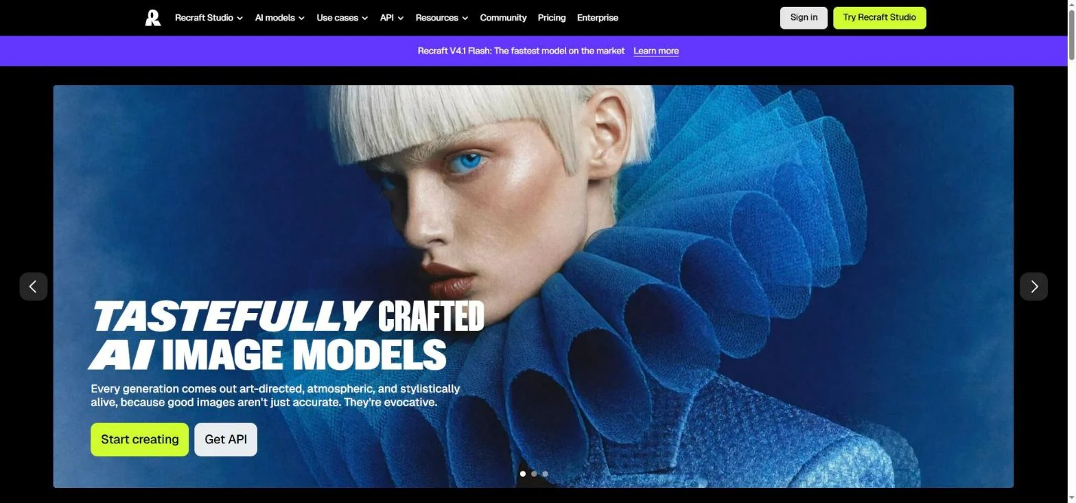 Recraft homepage promoting its AI image models and the new V4.1 Flash model