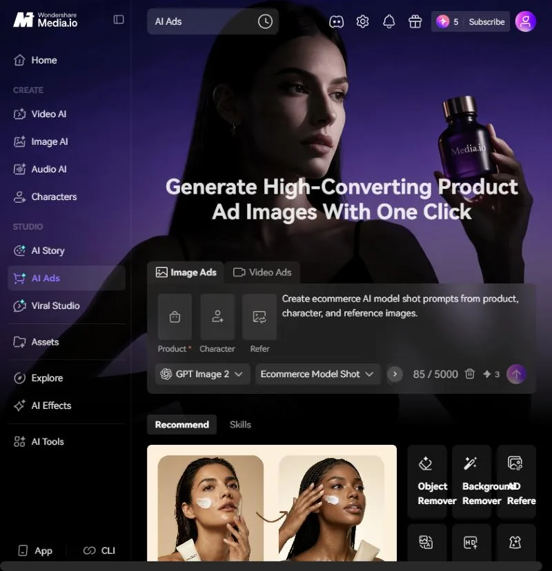 Media.io AI Ads Image Ads panel with Product, Character, Refer slots and a 3 credit cost