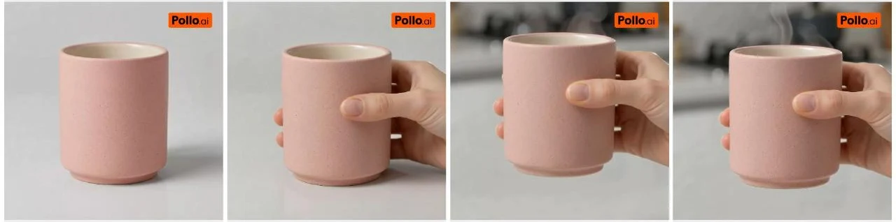 Four frames from a Pollo AI image to video clip where a hand lifts a pink cup and steam rises