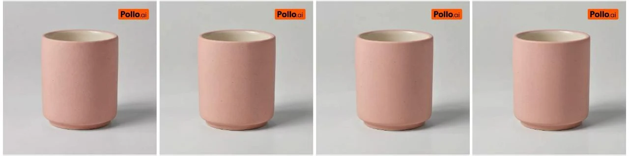 Four frames from a Pollo 2.5 clip of a pink ceramic cup drifting slowly on a grey surface