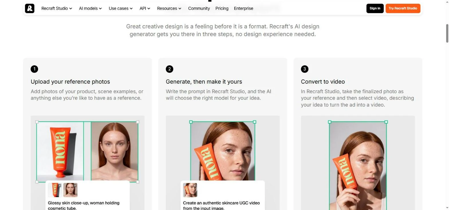Recraft AI ad generator page with 3 steps: upload references, generate, convert to video