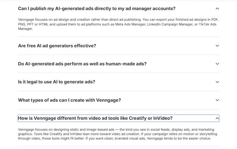 Venngage FAQ saying it focuses on ad design, not direct publishing or video ads