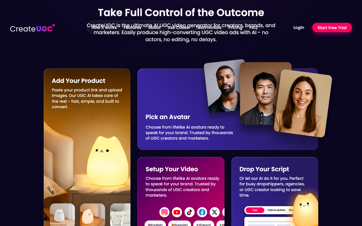 CreateUGC workflow blocks for adding a product, picking AI actors and dropping a script