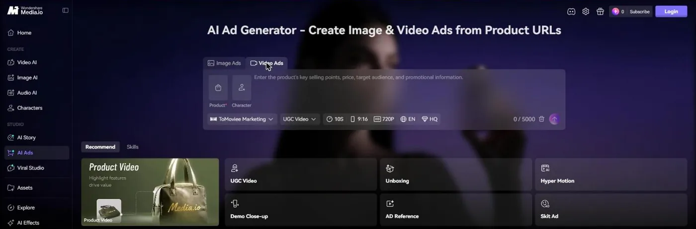 Media.io AI Ads Video Ads tab with UGC Video, Unboxing, Hyper Motion, and Skit Ad formats