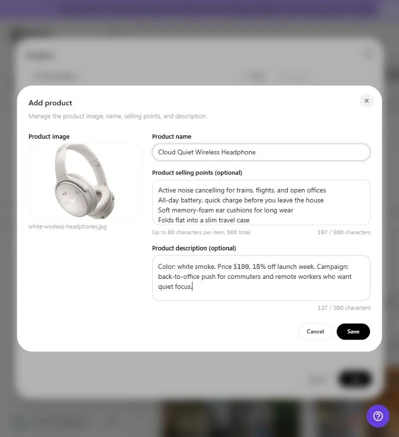 Pippit Add product form with headphones photo, four selling points, and a launch offer description