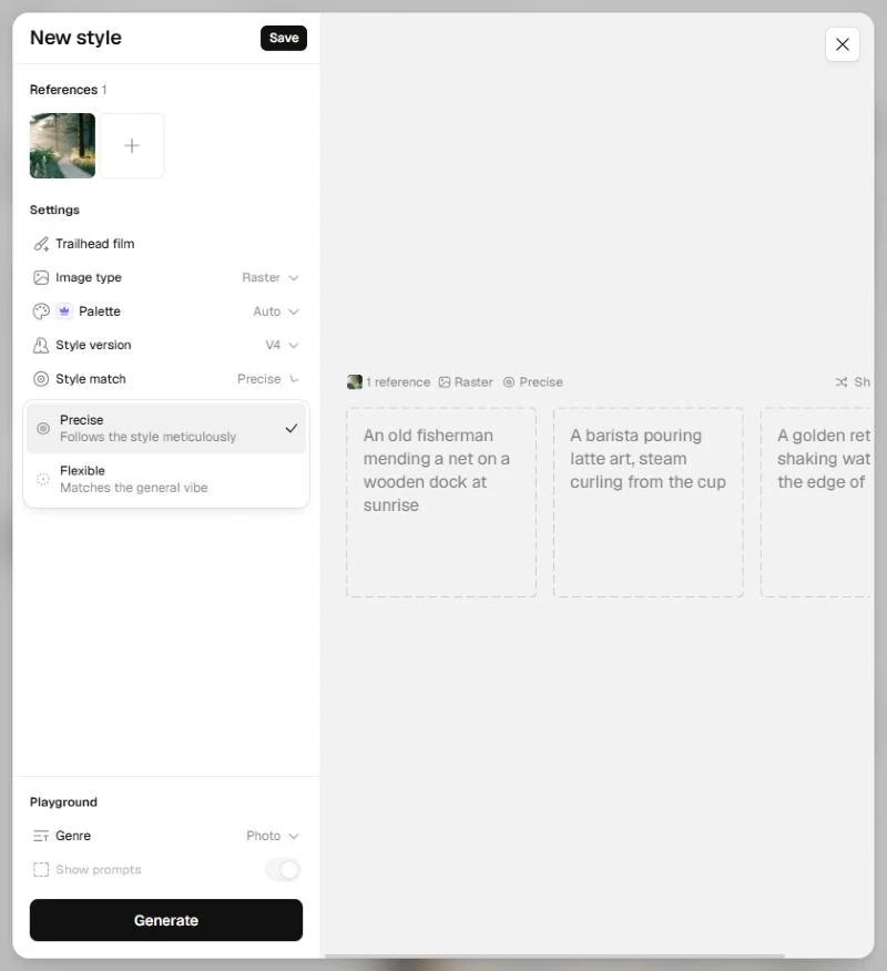 Recraft New style window with 1 forest reference and the Precise and Flexible style match options