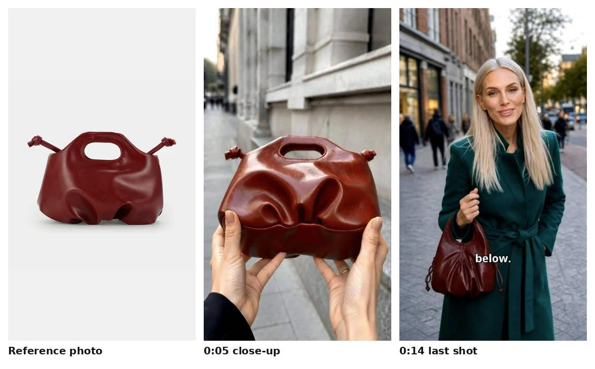 Reference bag photo beside two frames from the UGCVideo AI clip showing colour and shape changes