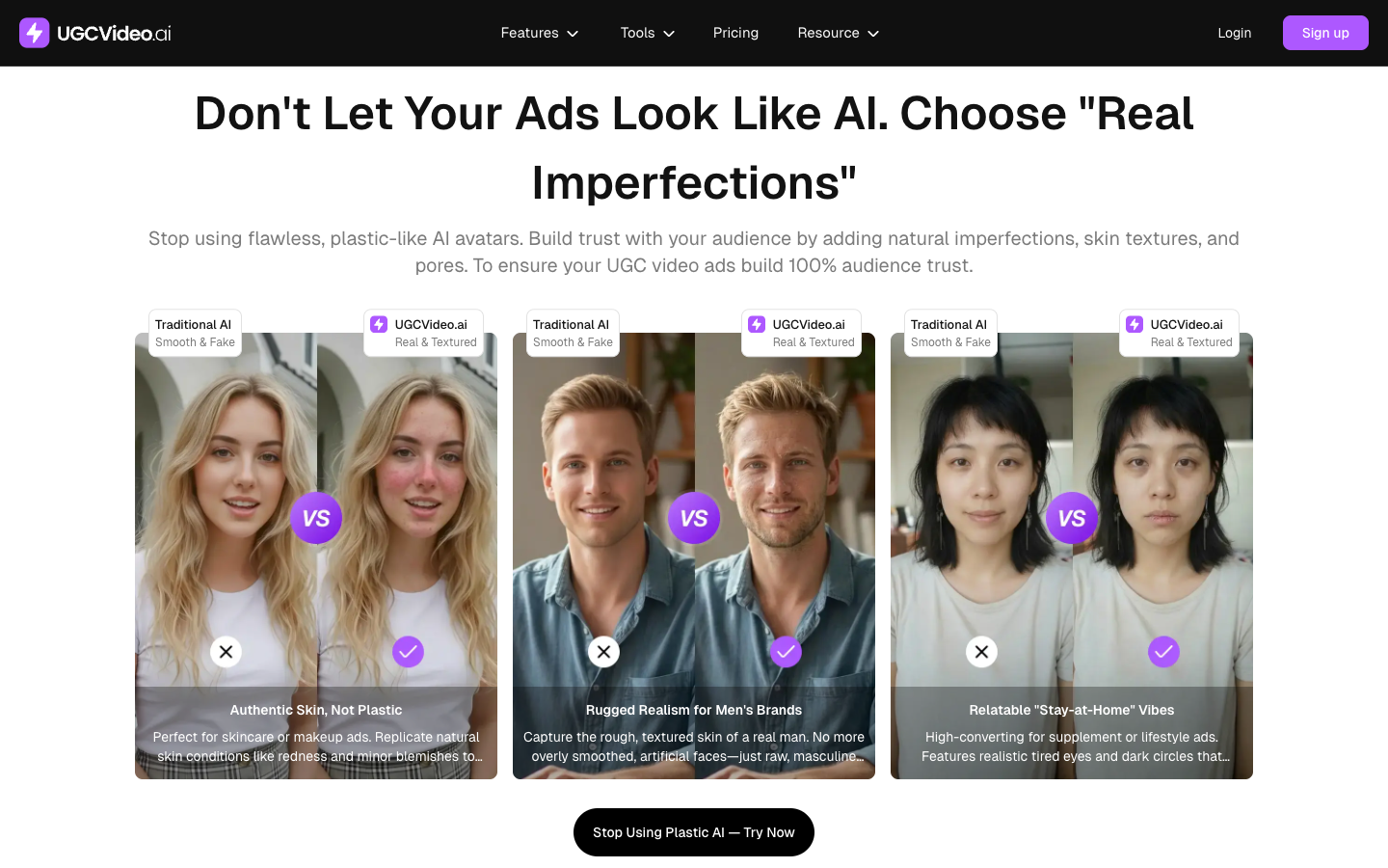 UGCVideo AI Real Imperfections section comparing Smooth and Fake with Real and Textured skin