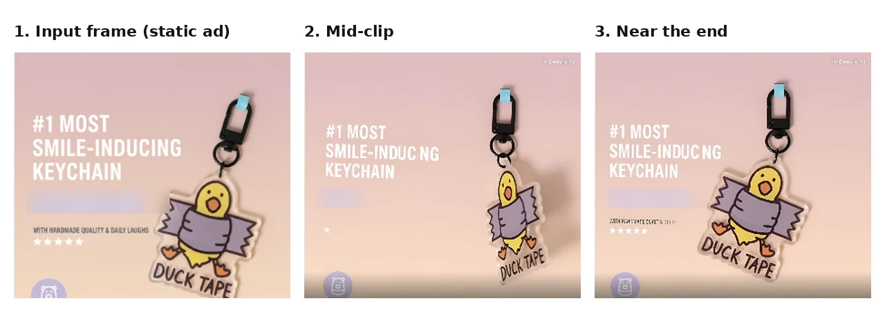 Three frames from a Deevid clip where the keychain ad headline loses a letter mid-motion