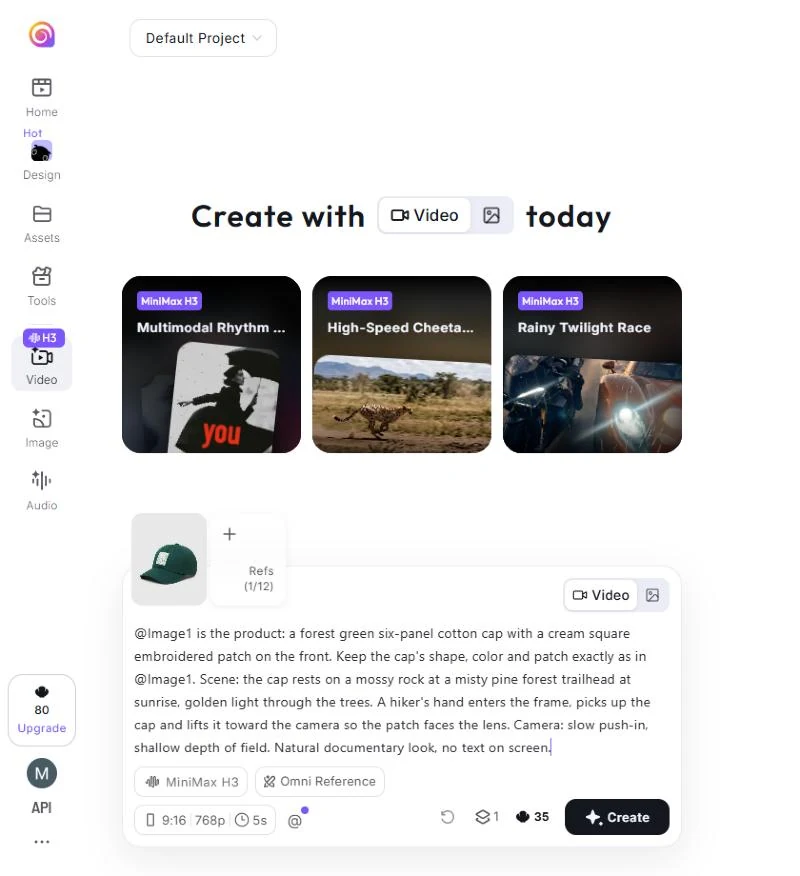 Hailuo Create Video box with the cap photo in Refs, an @Image1 prompt and 9:16 768p