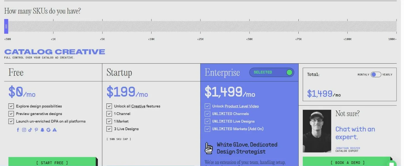 Marpipe pricing page at under 500 SKUs: Free $0, Startup $199, Enterprise $1,499 monthly
