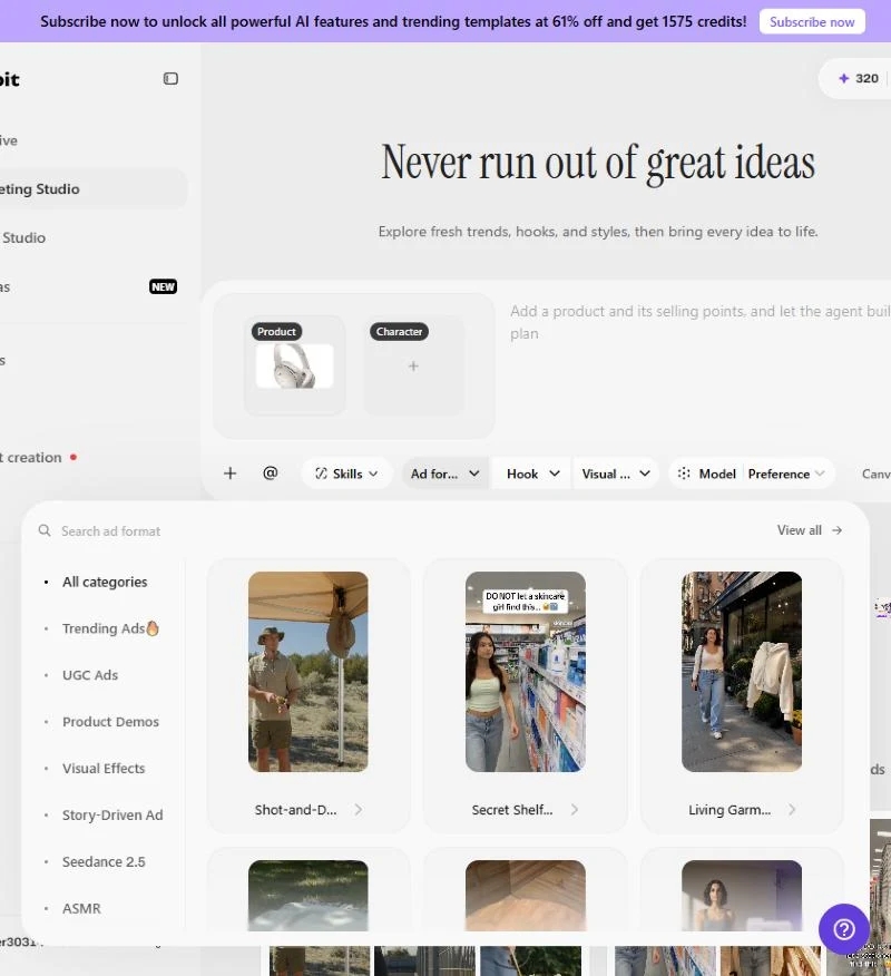 Pippit Ad formats library with Trending Ads, UGC Ads, and Product Demos categories
