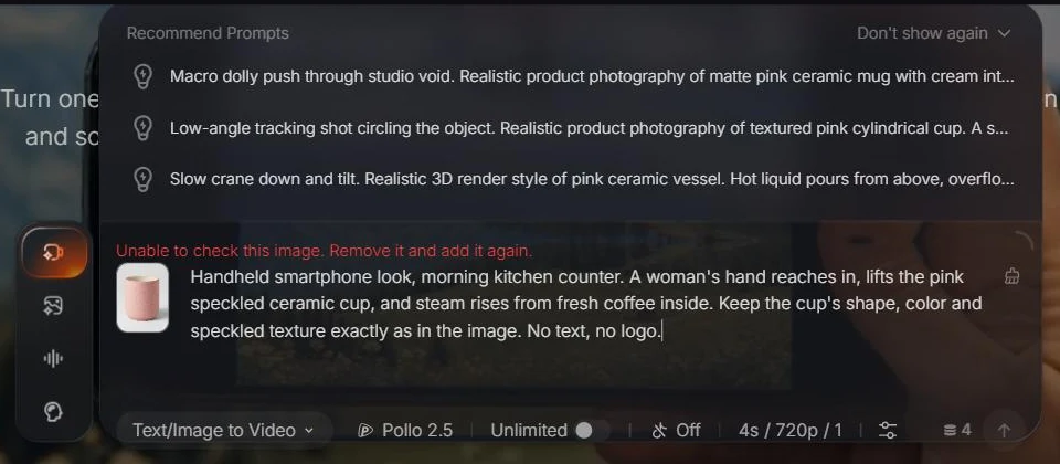 Pollo AI Recommend Prompts panel suggesting three camera moves for a pink ceramic cup
