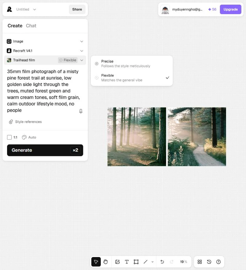 Recraft Create panel showing the saved style set to Flexible with the Precise option open
