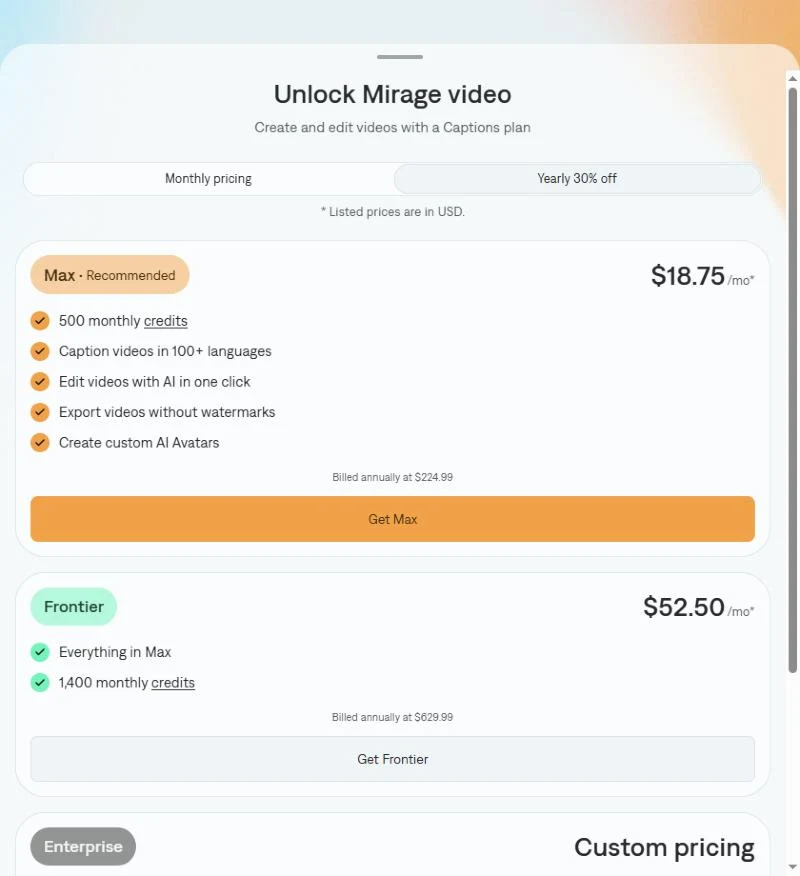 Captions Unlock Mirage video screen with Max at $18.75 a month billed yearly
