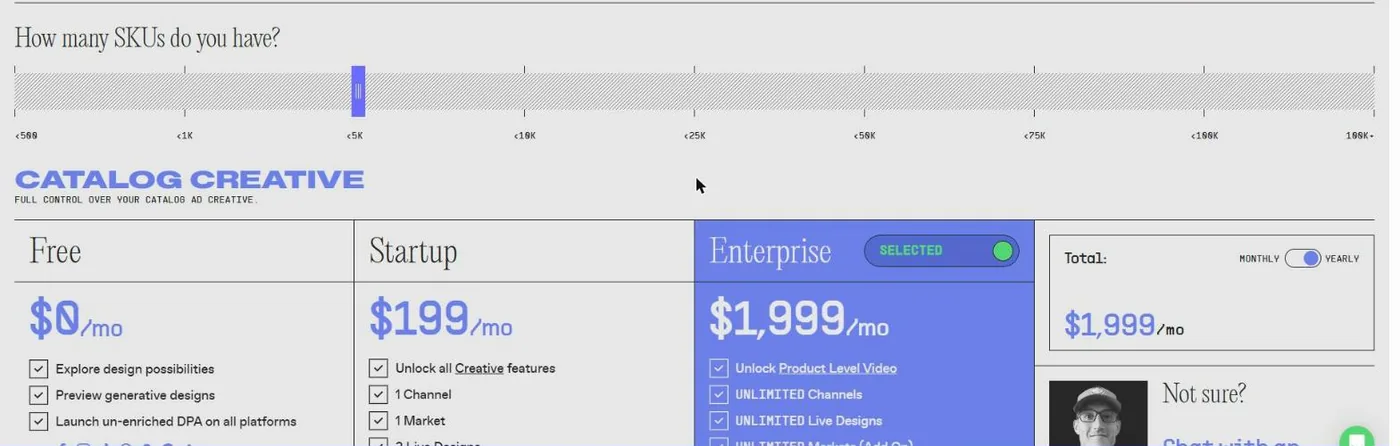 Marpipe SKU slider set under 5K with Enterprise at $1,999 a month on yearly billing
