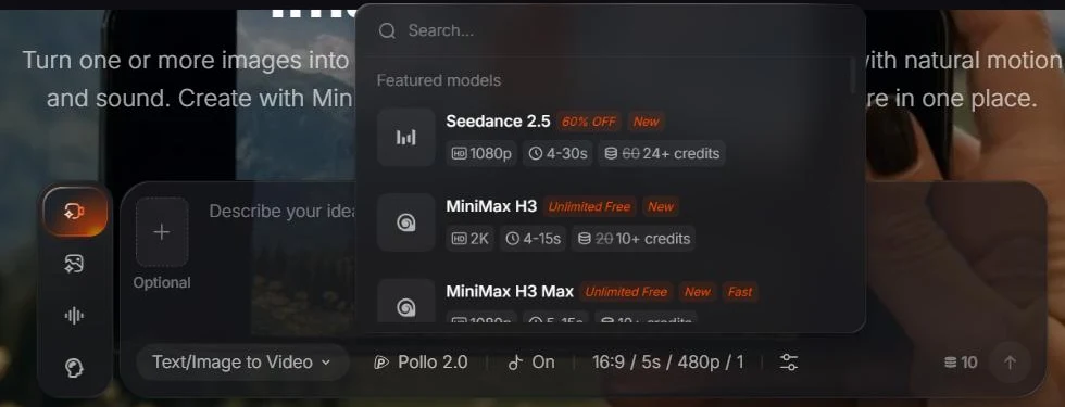 Pollo AI model picker listing Seedance 2.5 from 24 credits and MiniMax H3 from 10 credits