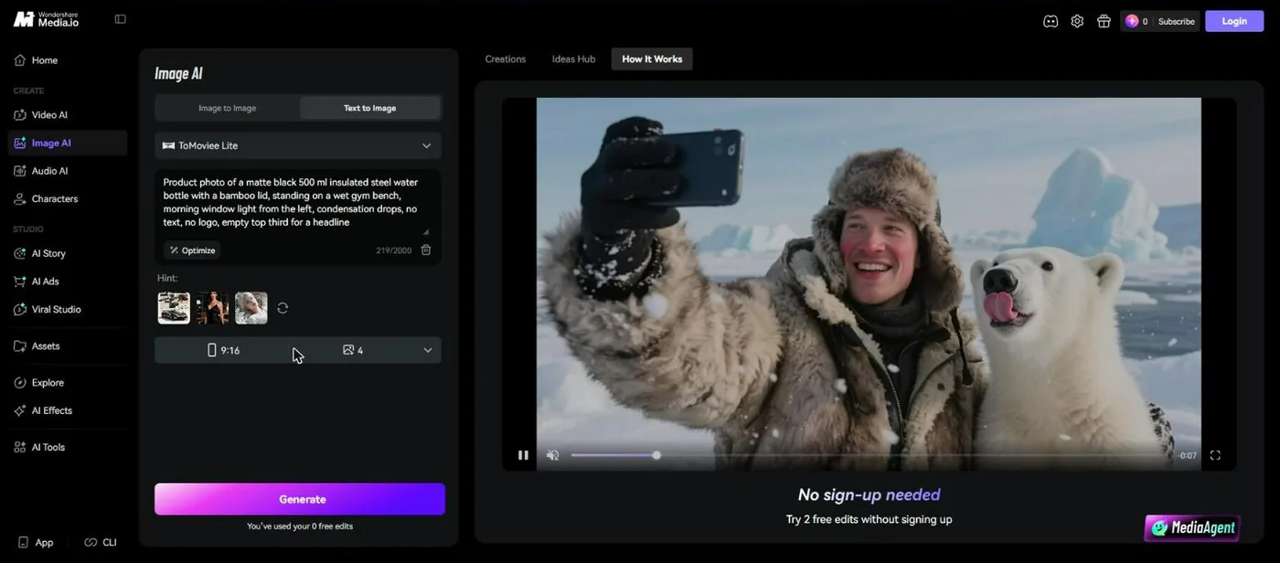 Media.io Image AI with ToMoviee Lite, water bottle prompt, 9:16, and 2 free edits without sign-up