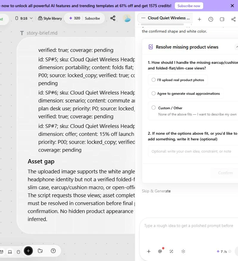 Pippit agent Asset gap note asking to upload product photos or generate approximations