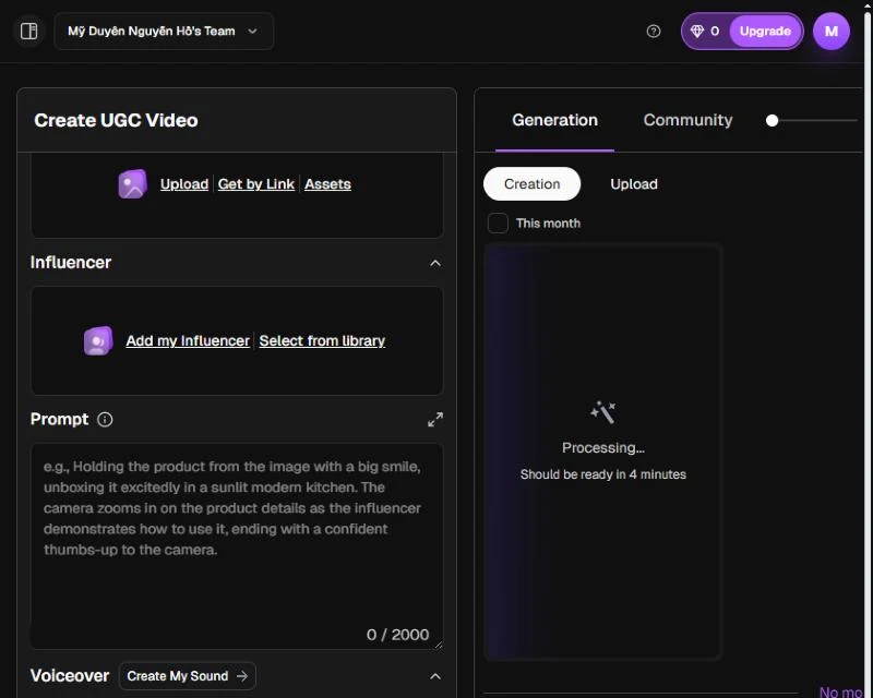 UGCVideo AI credit balance at 0 with the clip processing and a 4 minute estimate