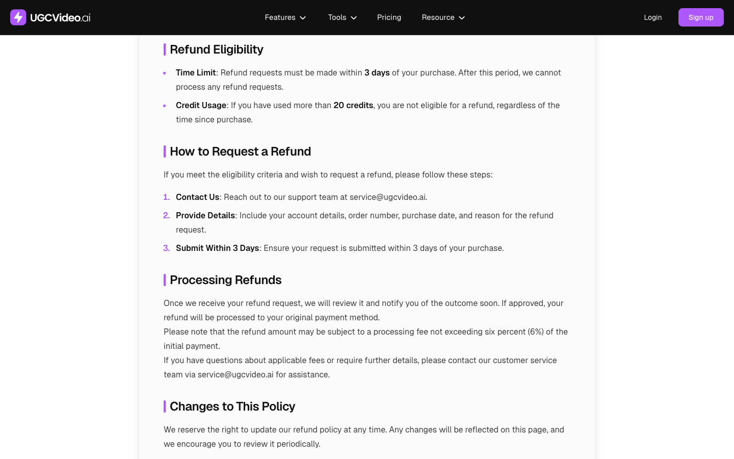 UGCVideo AI refund policy listing a 3 day time limit and a 20 credit usage cap