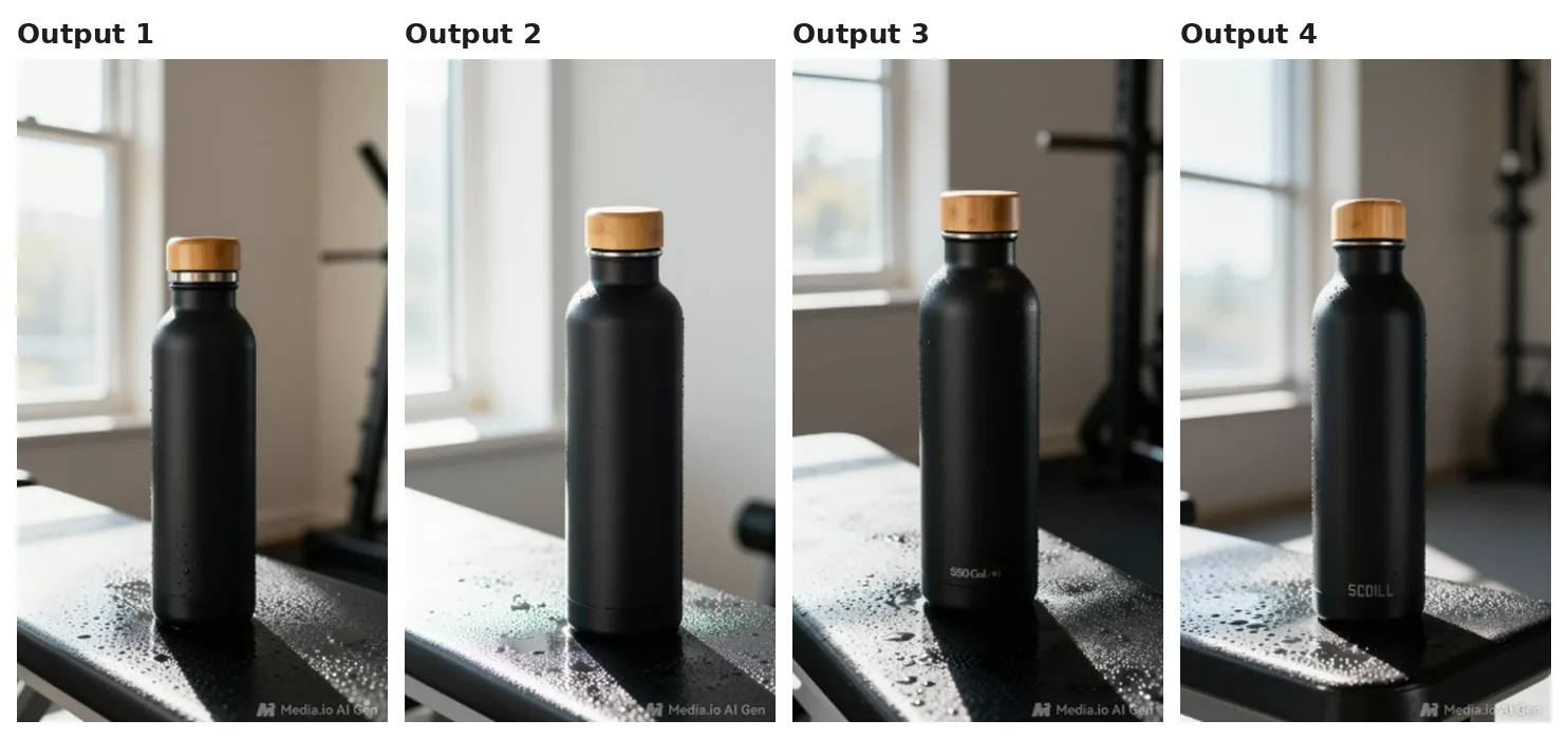 Four Media.io water bottle images on a gym bench, two with invented text, all watermarked