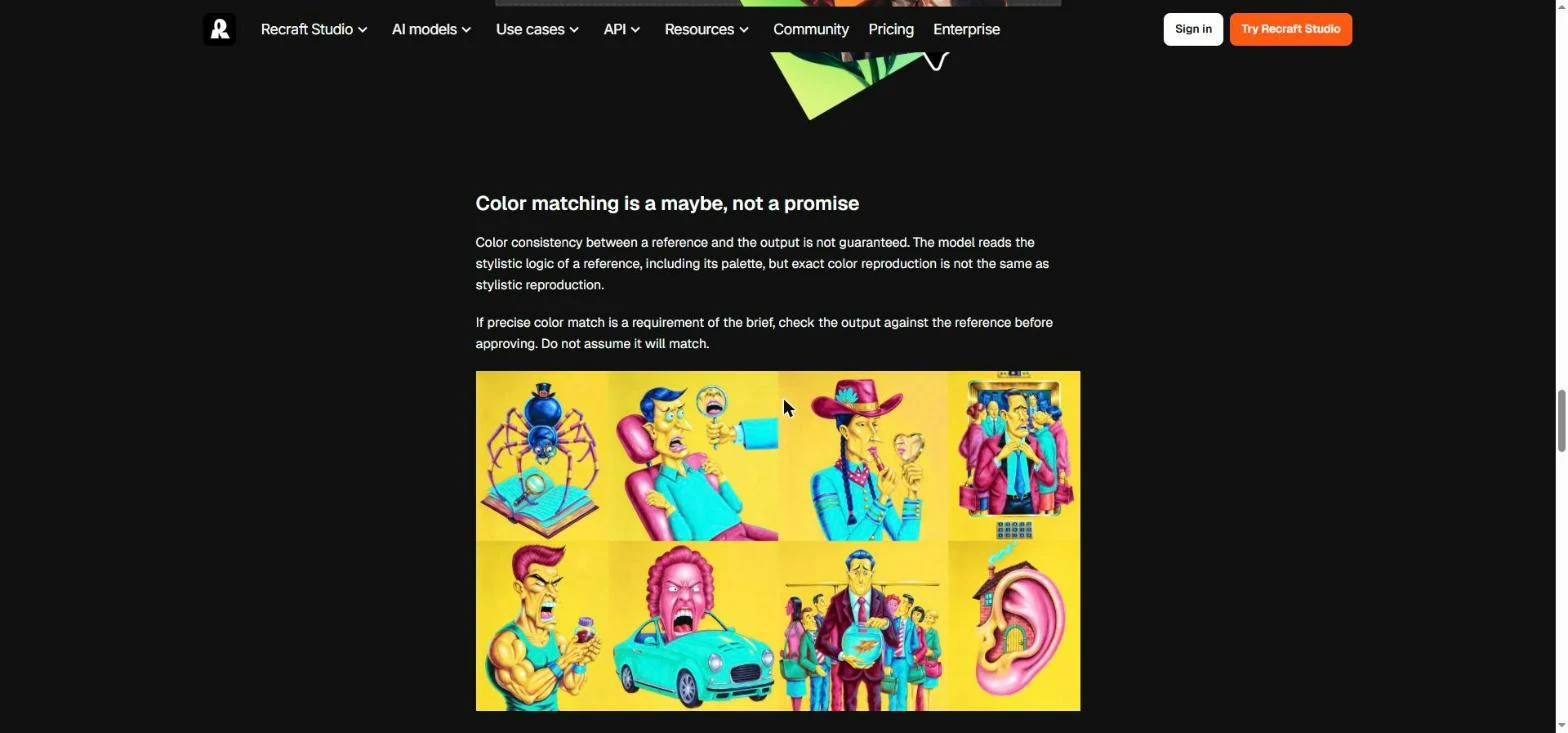 Recraft V4 Styles field guide section titled Color matching is a maybe, not a promise