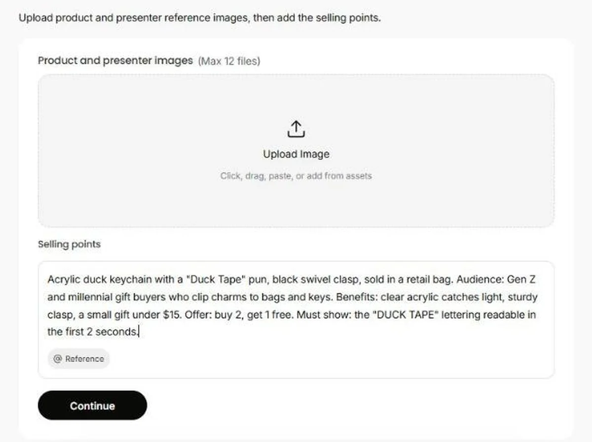 Deevid UGC Ads quick start with an image upload area and selling points for a duck keychain