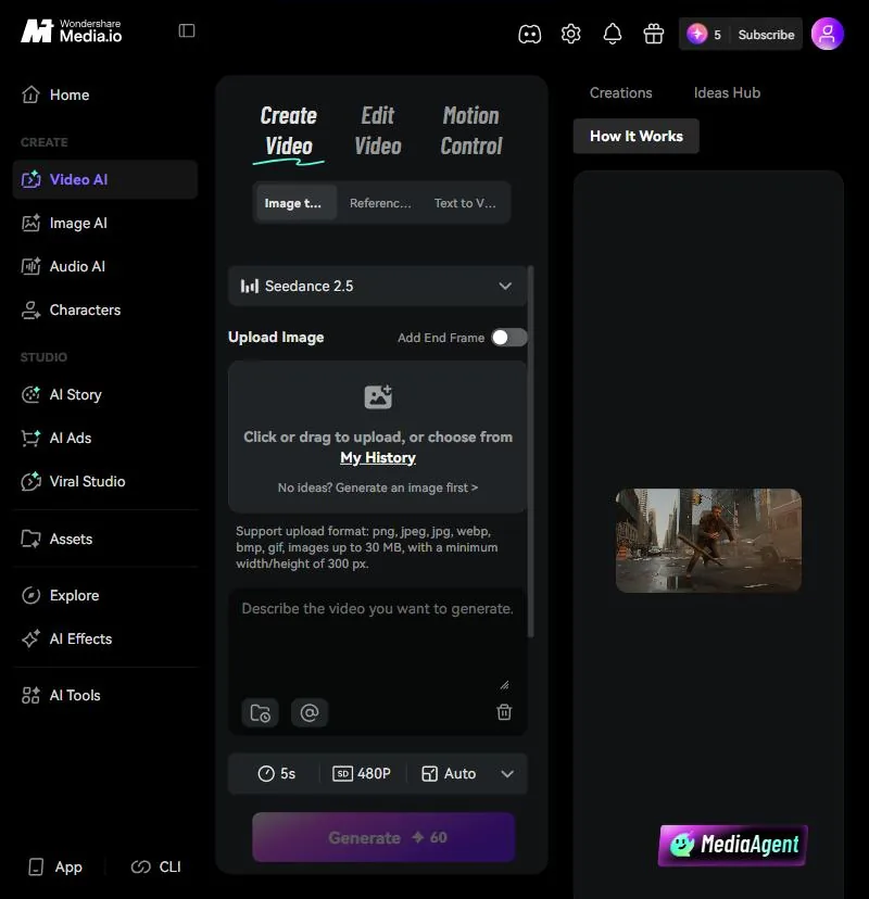 Media.io Video AI image to video on Seedance 2.5, 5s 480P, Generate 60 credits, balance 5