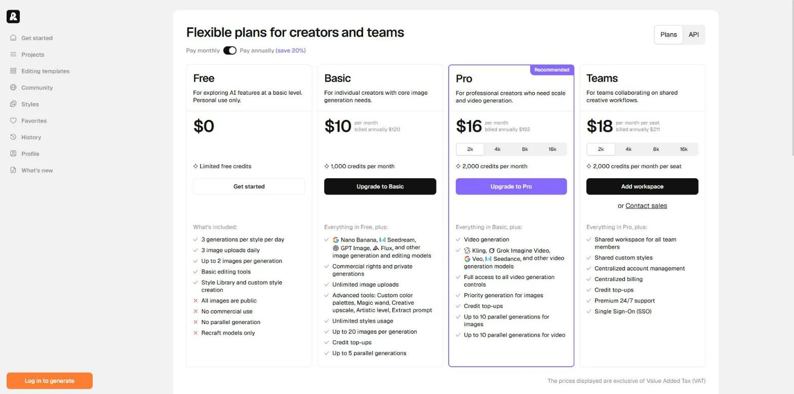 Recraft pricing: Free $0, Basic $10, Pro $16, Teams $18 per seat billed annually