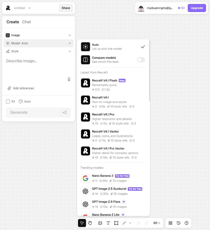 Recraft model picker: V4.1 Flash 0.5 credits, V4.1 2 credits, Nano Banana 2 11