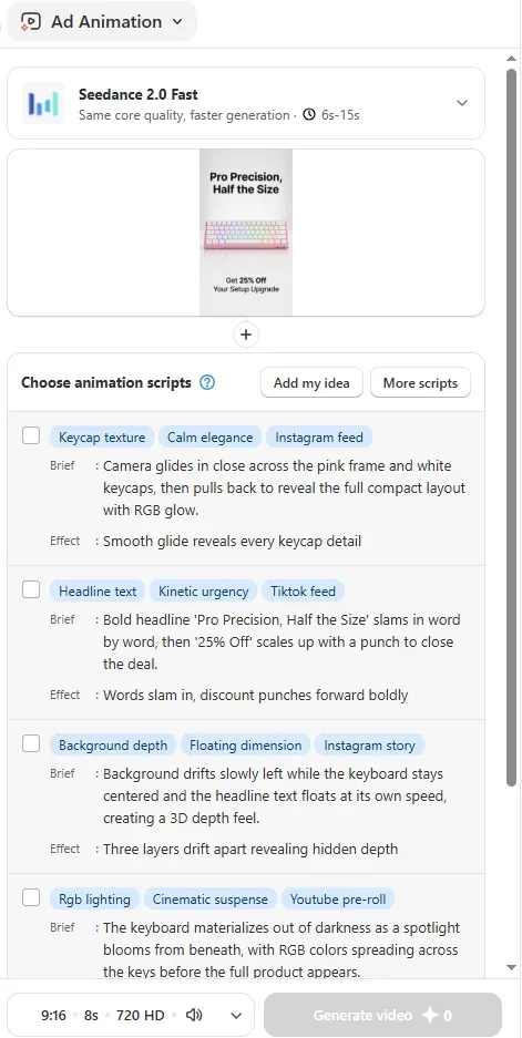 Promer AI Ad Animation script list for a keyboard ad, 9:16, 8s, 720 HD