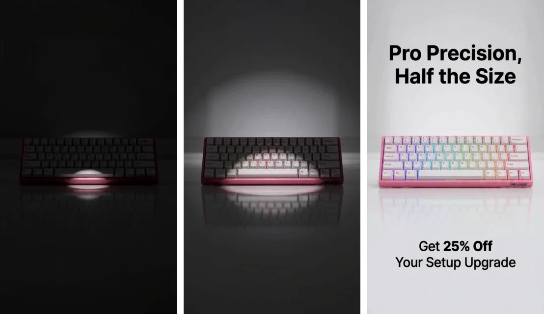 Three frames from a Promer AI animated keyboard ad ending on Pro Precision, Half the Size