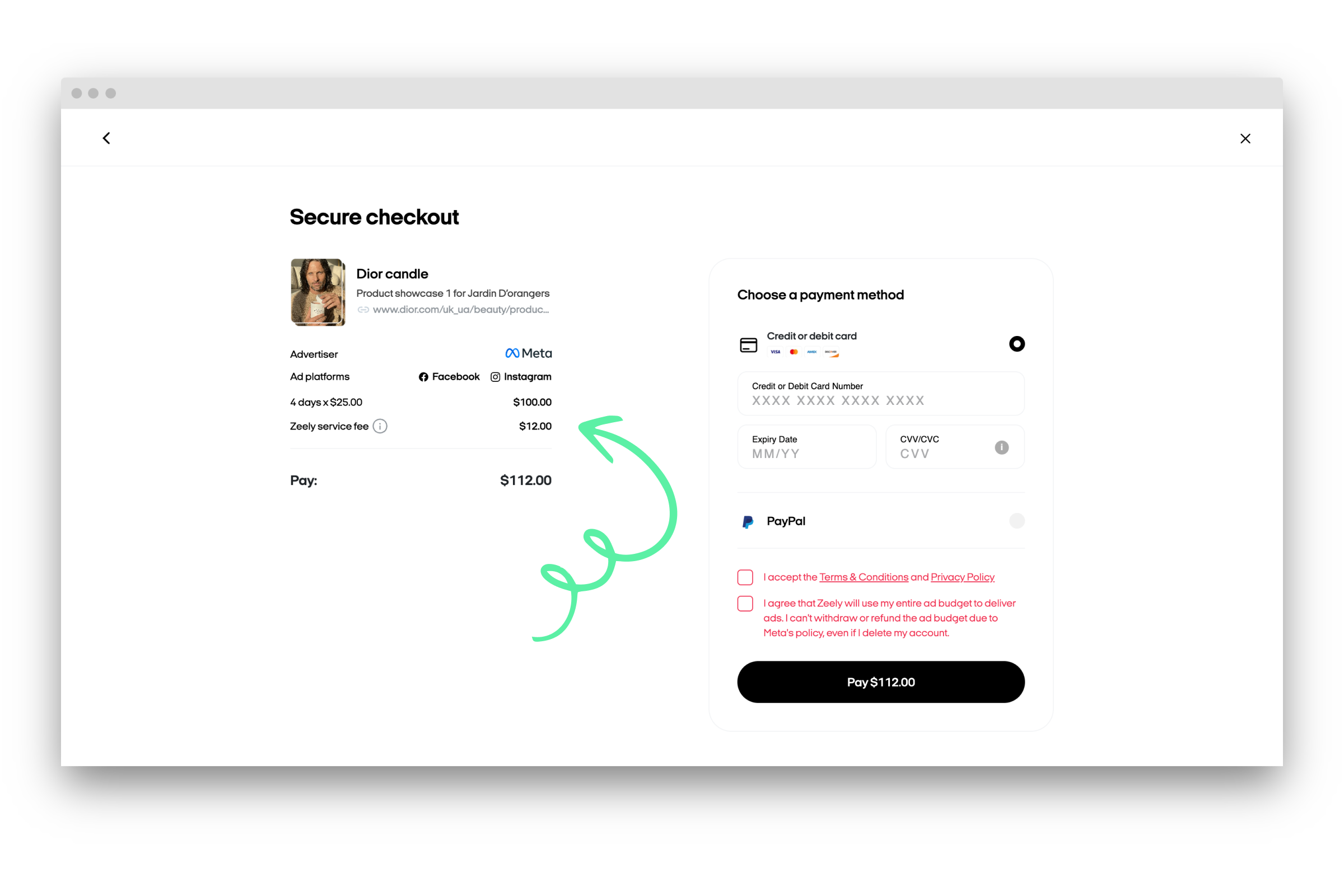 Zeely checkout screen showing 100 dollars ad budget with 12 dollars service fee