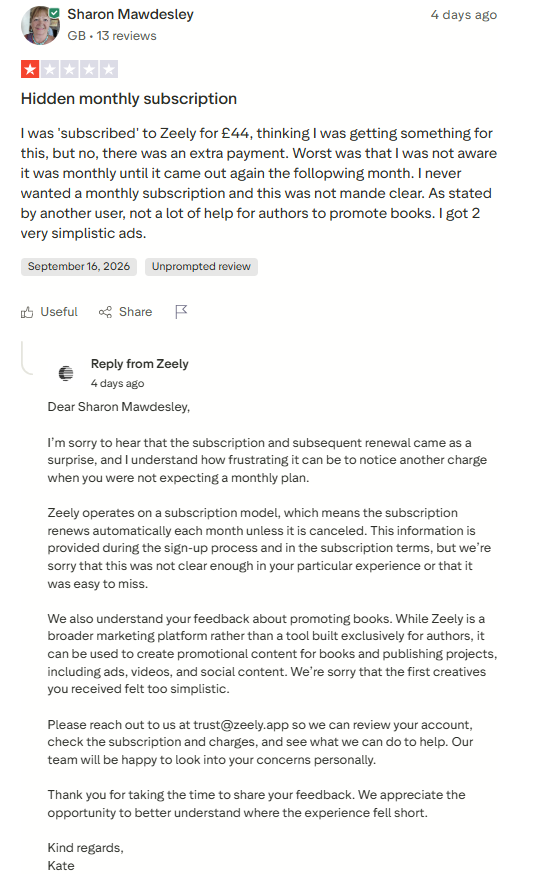 Trustpilot one star review by Sharon with official response from Zeely customer support