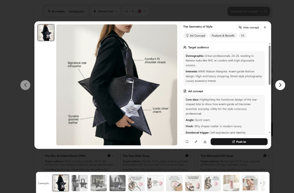 Promer AI Ad Concept modal showing audience demographic ad angle hook and emotional trigger